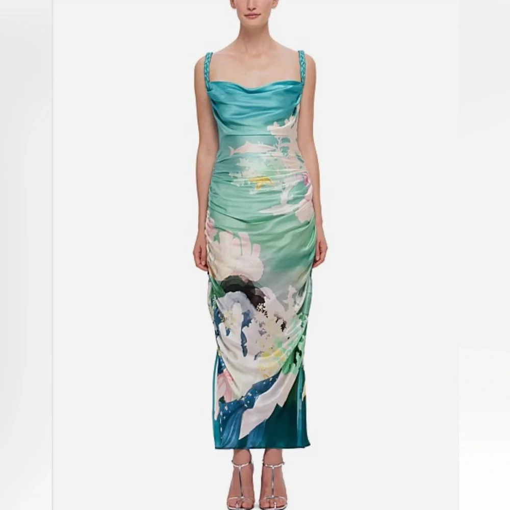 NWT Leo Lin Rachel Cowl Neck Silk Slip Dress Neptune Print in Sea Grass Size 12 - Picture 6 of 16